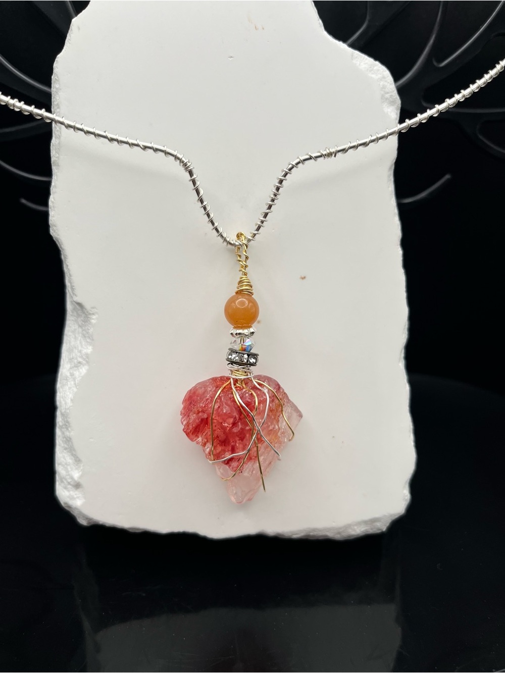 Handcrafted Pink Howlite Wire-Wrapped Crystal Pendant Necklace
